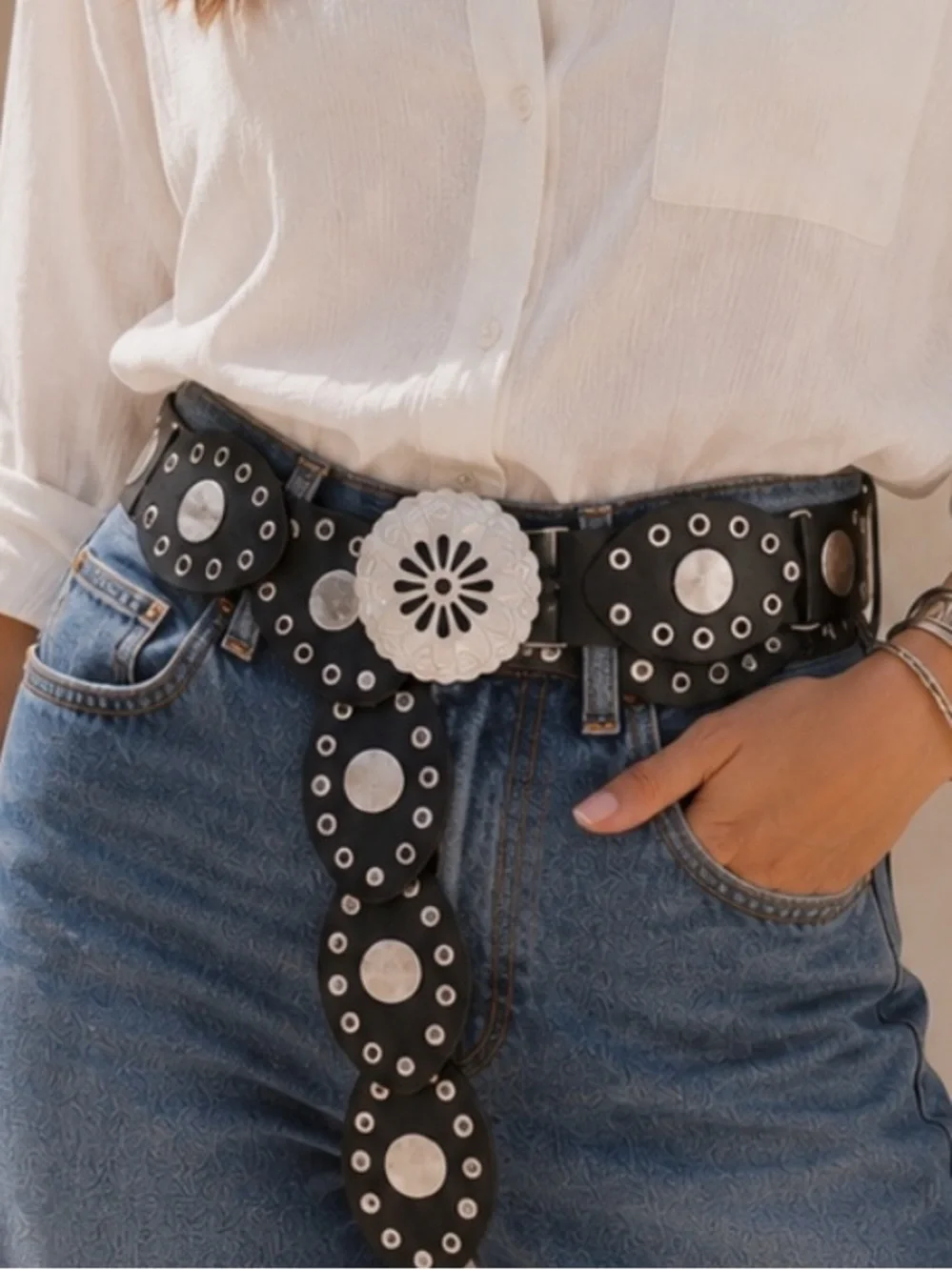 Boho Western Black faux Leather Concho Belt with Silver Accents